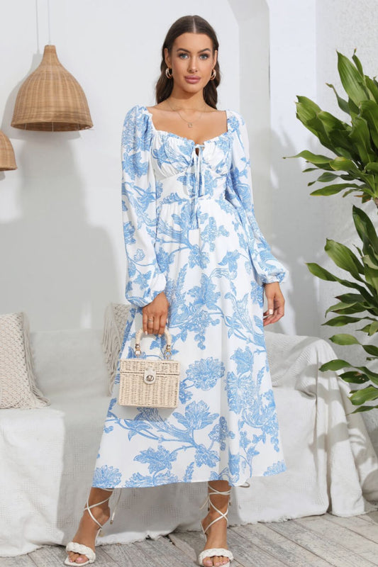 Floral Tie Front Sweetheart Neck Midi Dress  Dresses- Doll Fits
