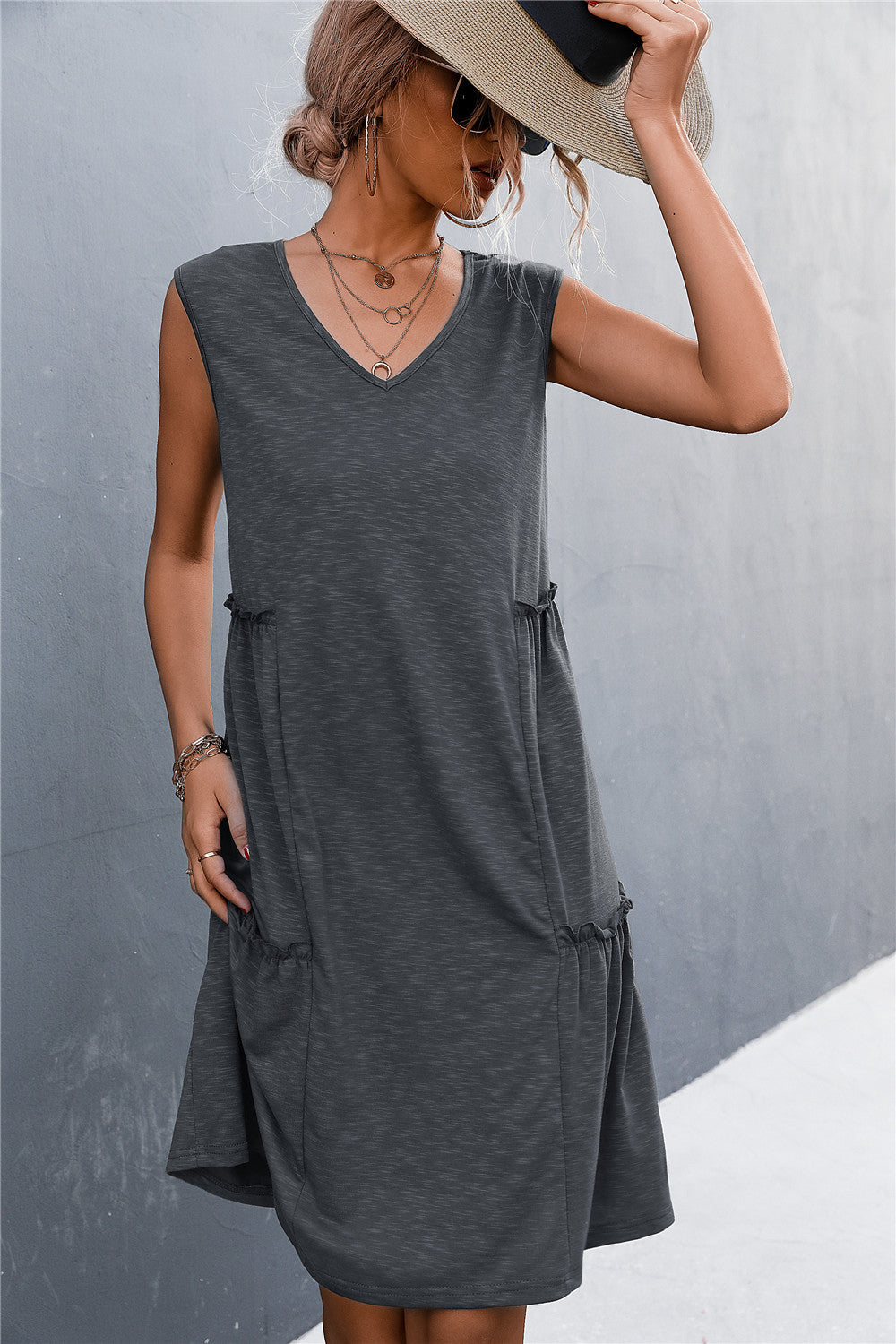 V-Neck Frill Trim Sleeveless Dress  Dresses- Doll Fits