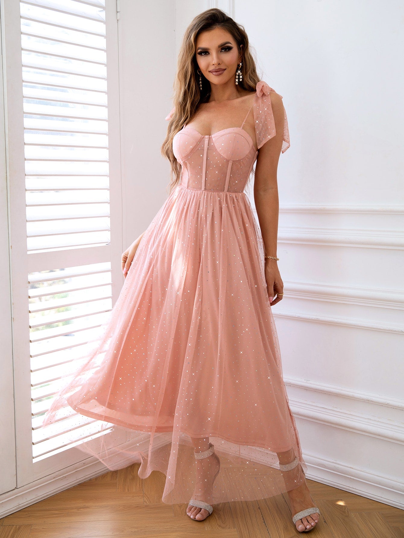 Rhinestone Mesh Overlay Tie-Shoulder Dress  Dresses- Doll Fits
