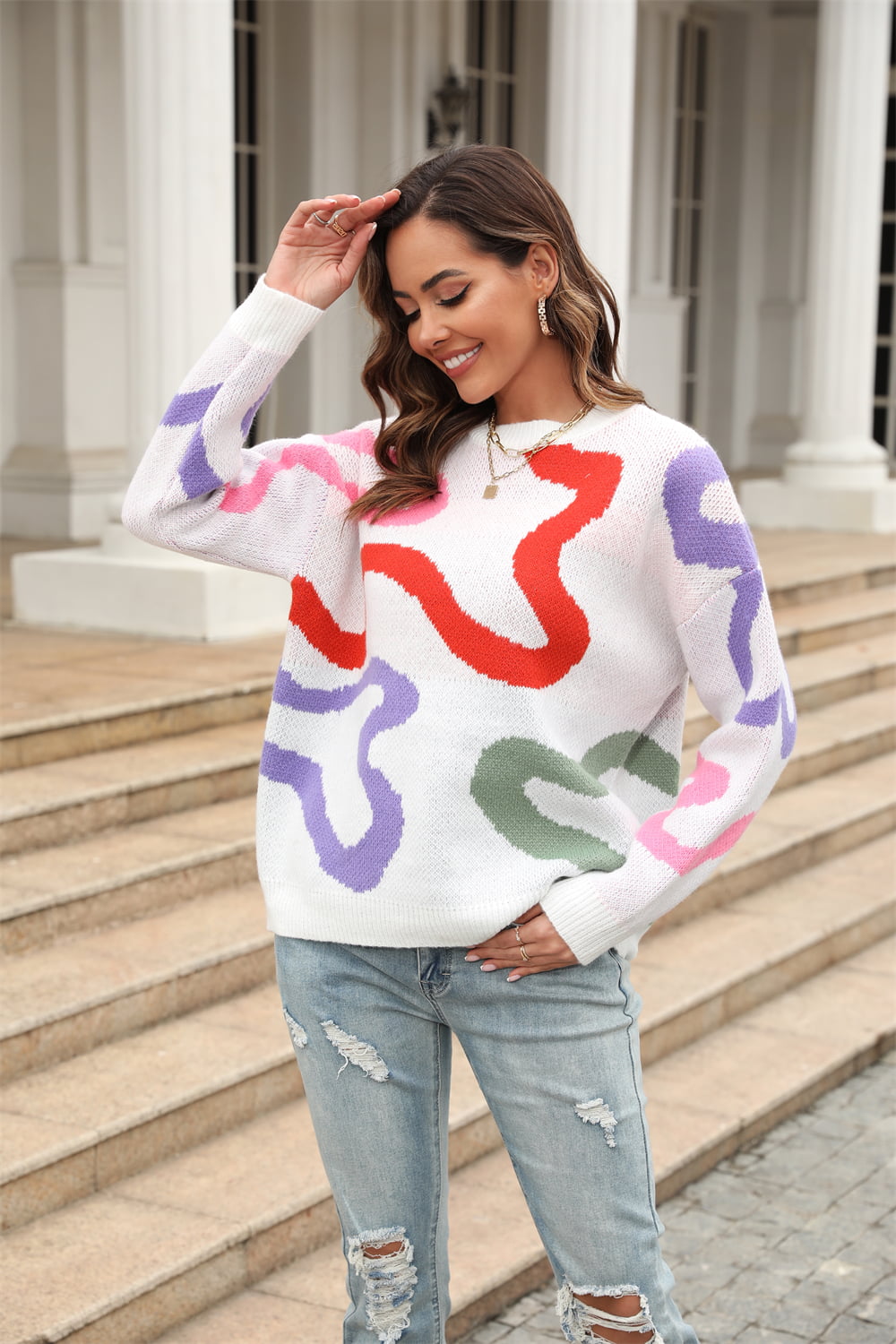 Printed Round Neck Dropped Shoulder Pullover Sweater  - Doll Fits