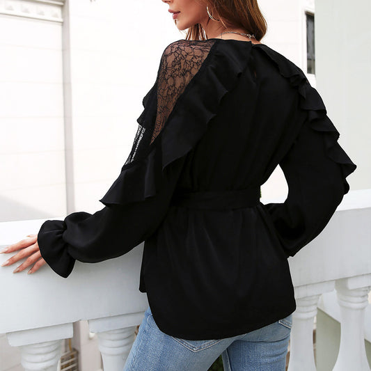 Round Neck Front Tie Flounce Sleeve Lace Cap Blouse  Shirts & Tops- Doll Fits