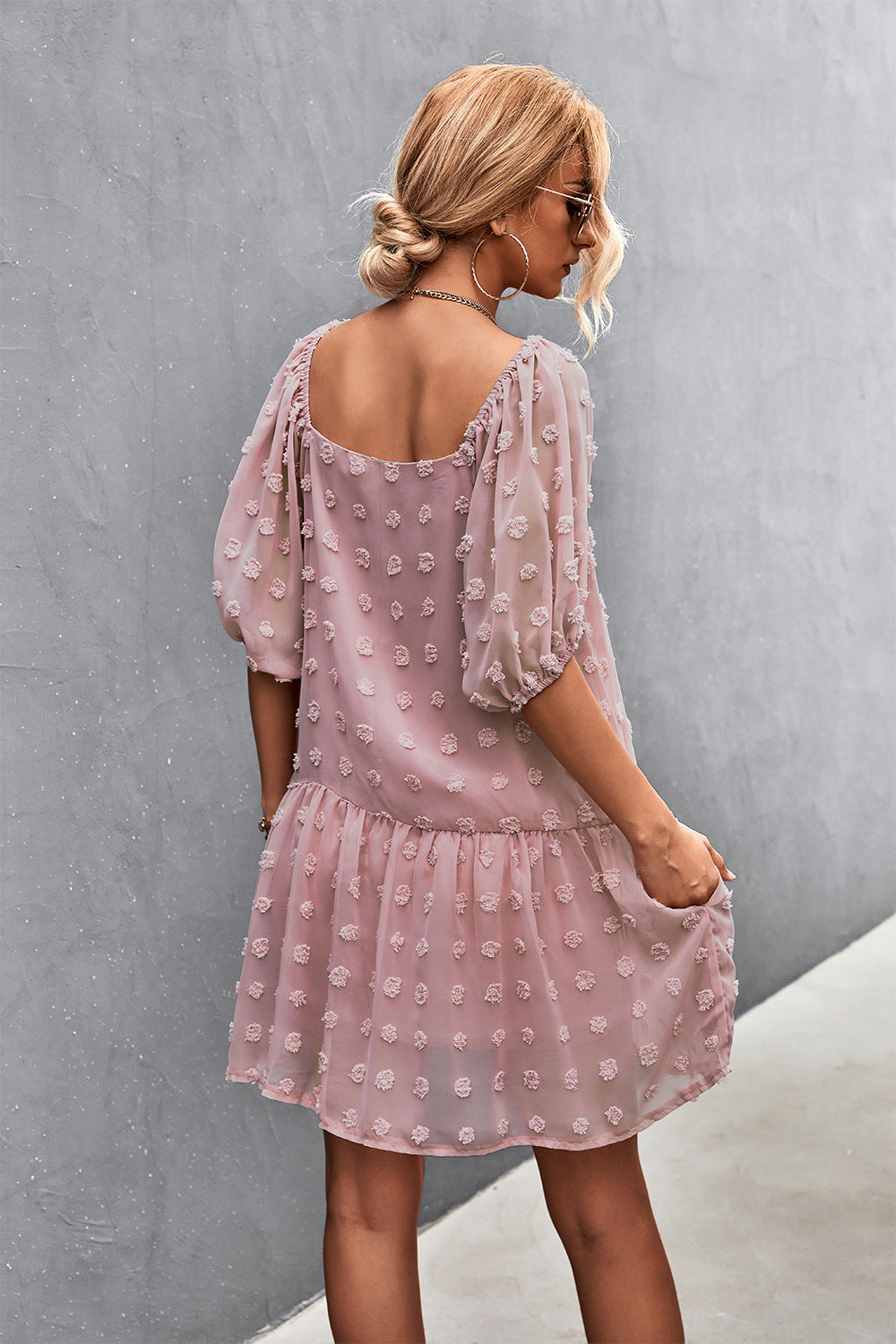 Swiss Dot Square Neck Half Balloon Sleeve Dress  Dresses- Doll Fits