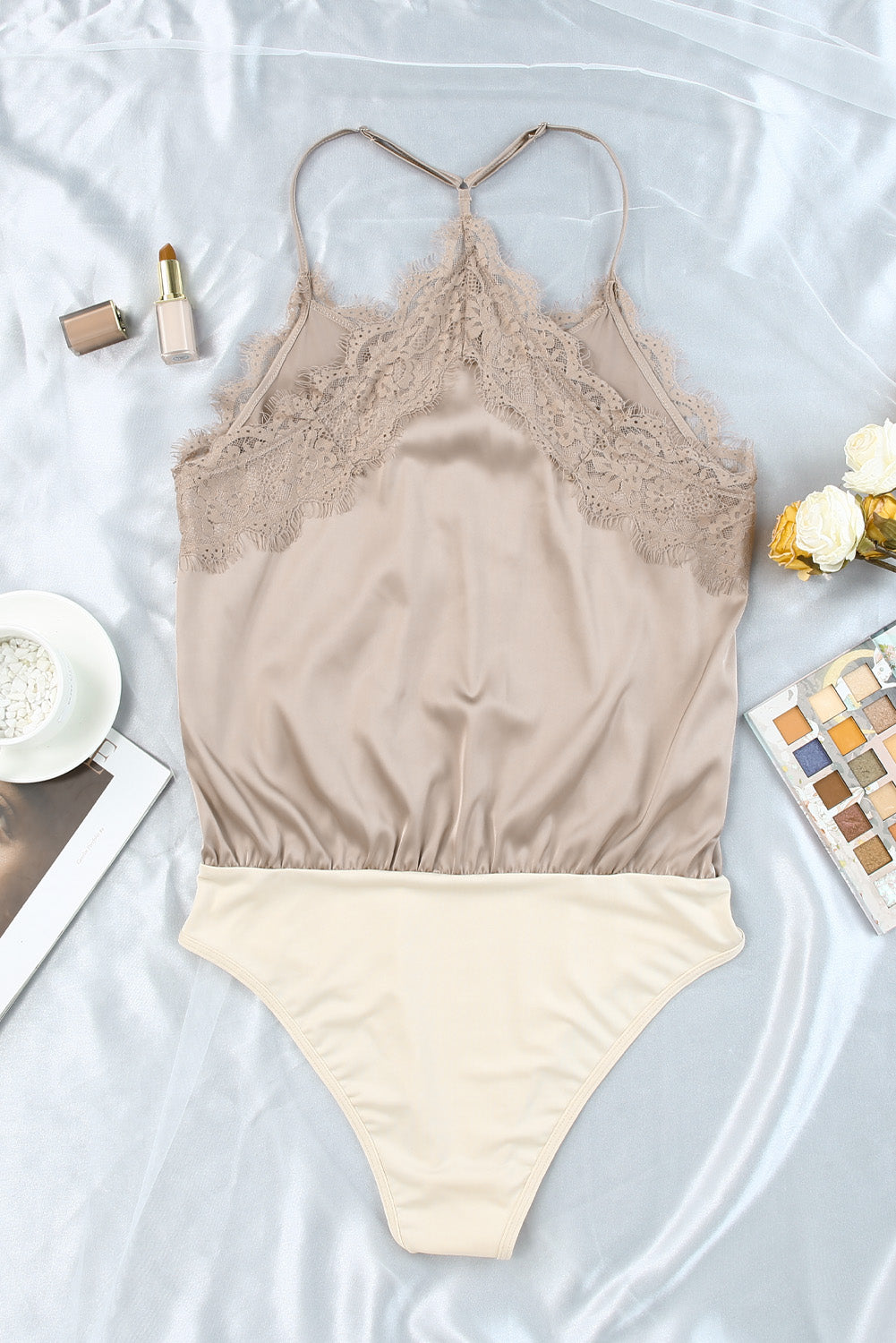 Lace Trim Buttoned Spaghetti Strap Bodysuit  Shirts & Tops- Doll Fits