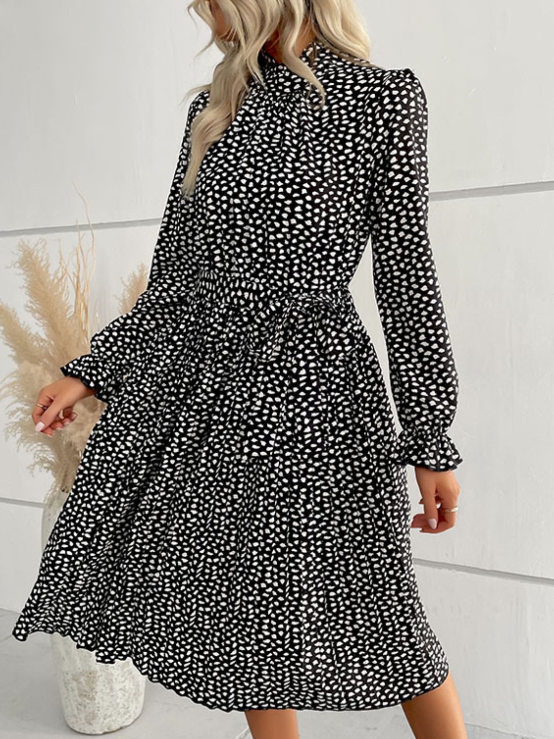 Printed Tie-Waist Flounce Sleeve Keyhole Midi Dress  Dresses- Doll Fits