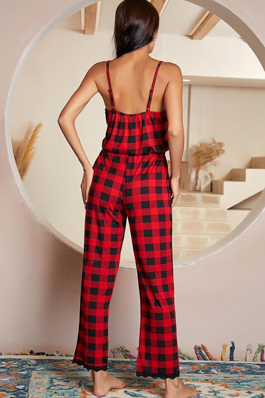 Plaid Lace Trim Spaghetti Strap Jumpsuit  Jumpsuits & Rompers- Doll Fits