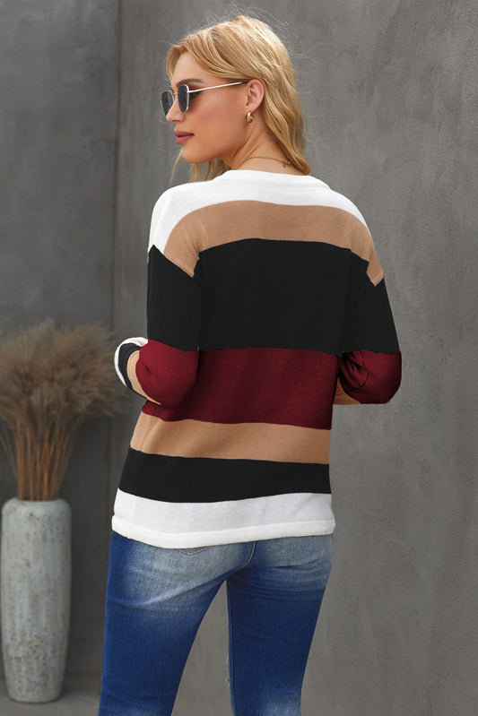 Round Neck Color Block Dropped Shoulder Knit Top  - Doll Fits