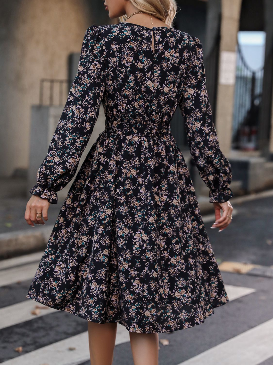 Printed Tie Belt Balloon Sleeve Dress  Dresses- Doll Fits