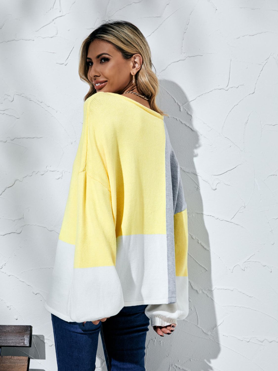 Color Block Balloon Sleeve Boat Neck Sweater  Shirts & Tops- Doll Fits