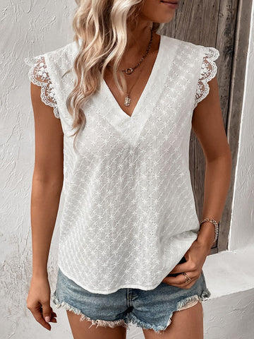 V-Neck Cap Sleeve Spliced Lace Top  Shirts & Tops- Doll Fits