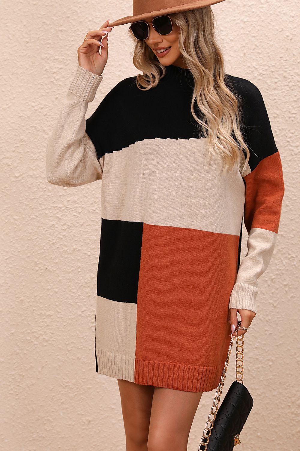 Color Block Mock Neck Dropped Shoulder Sweater Dress  Dresses- Doll Fits
