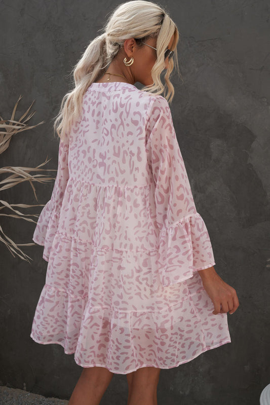 Printed Notched Neck Flare Sleeve Tiered Dress  Dresses- Doll Fits