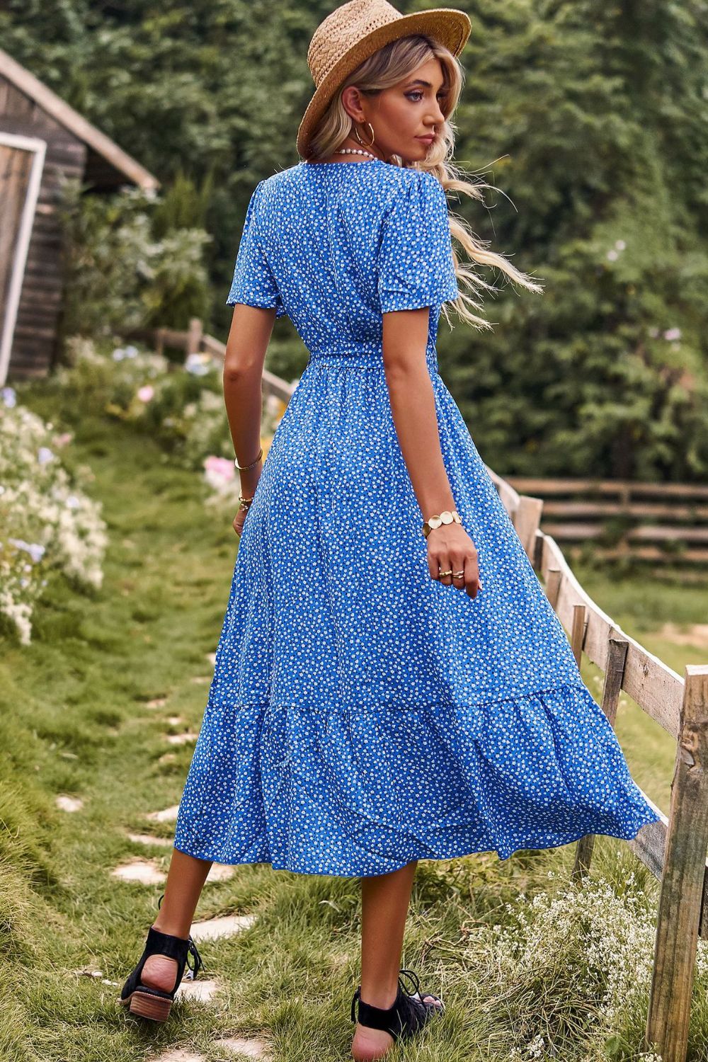 Printed Tie-Waist Short Puff Sleeve Surplice Dress  Dresses- Doll Fits