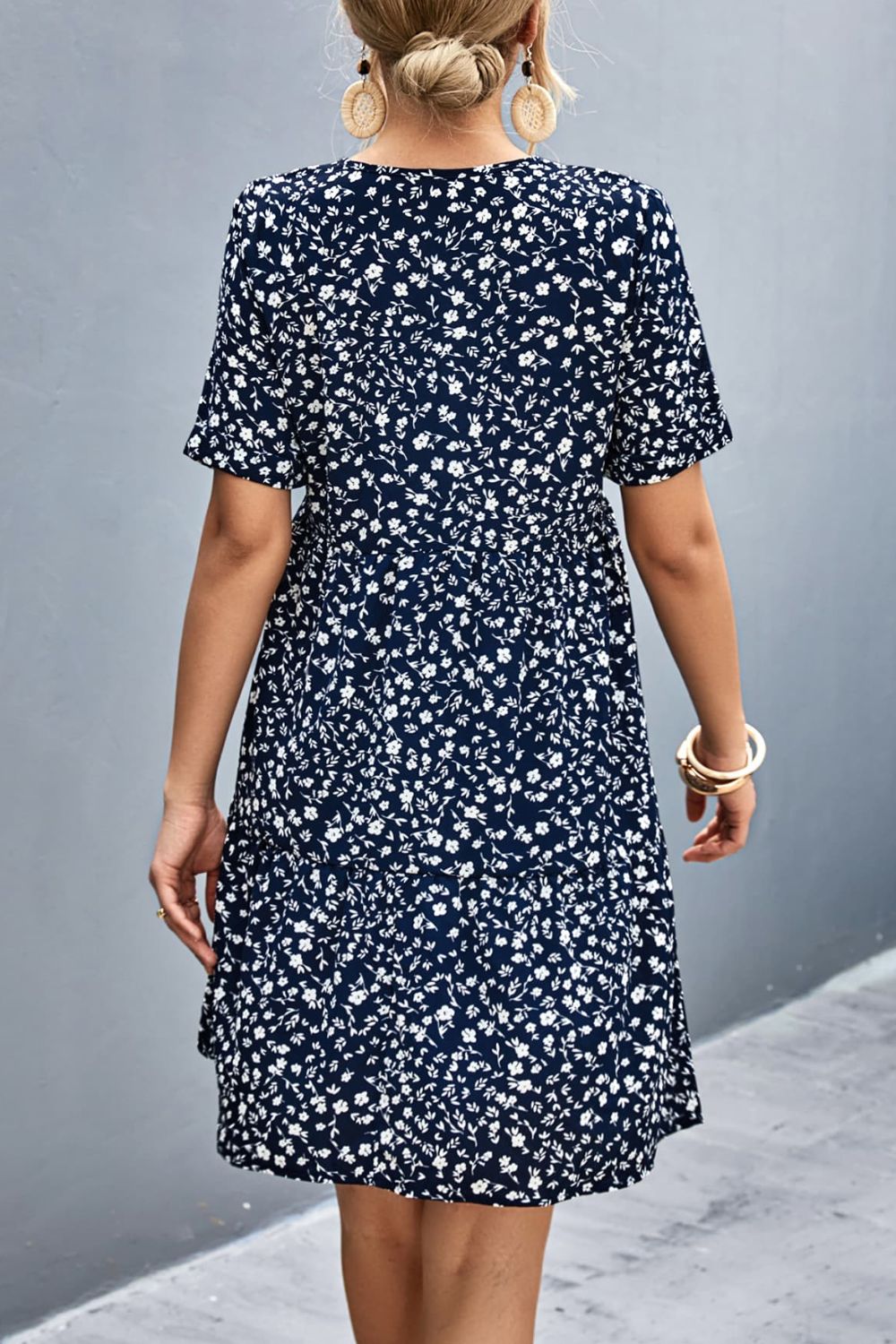 Ditsy Floral Empire Waist Plunge Short Sleeve Dress  Dresses- Doll Fits