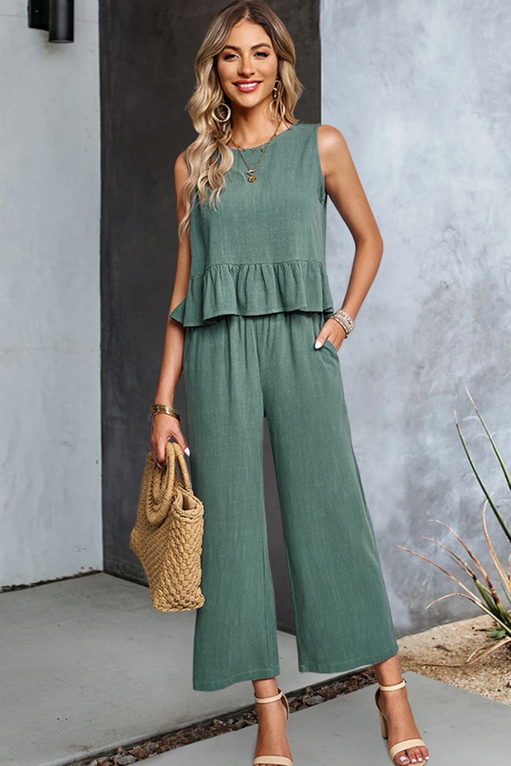 Decorative Button Ruffle Hem Tank and Pants Set  Outfit Sets- Doll Fits