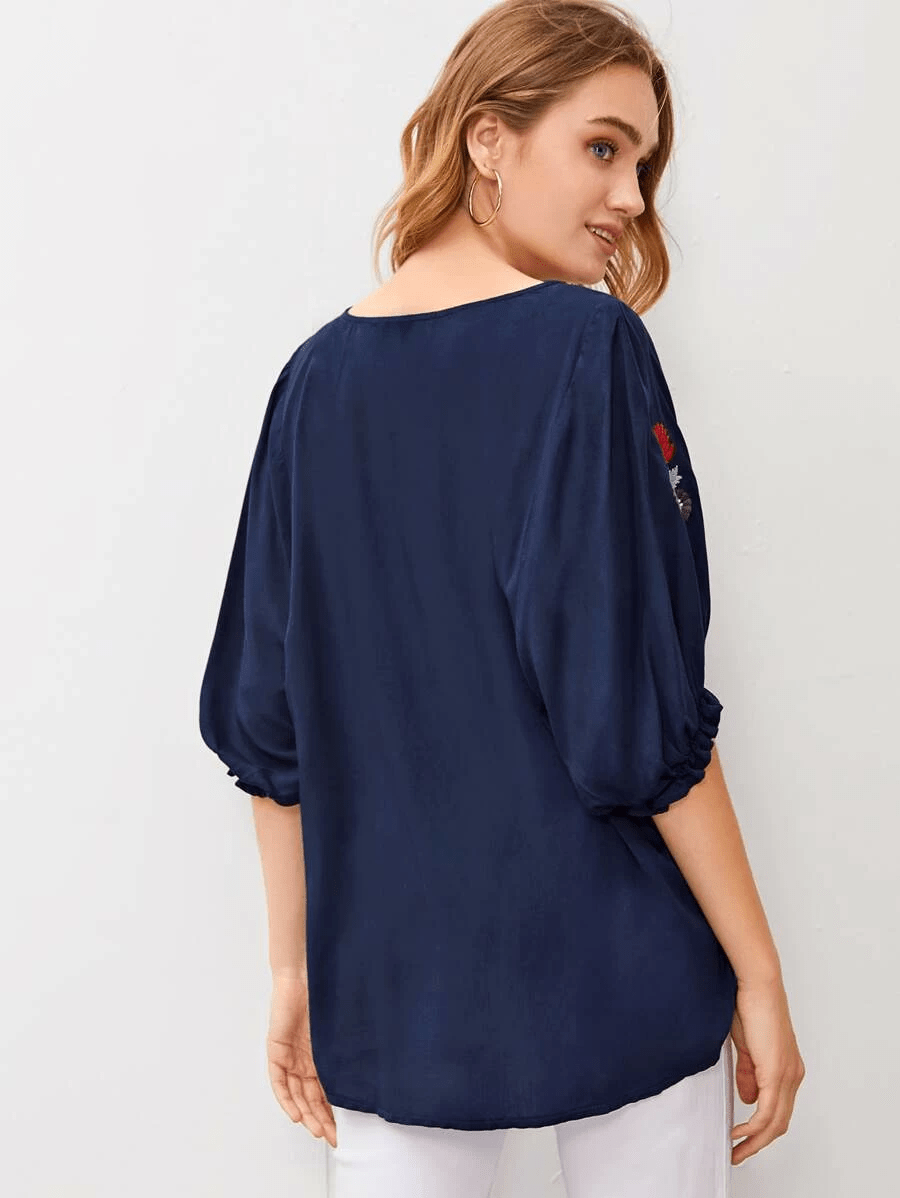 Embroidered Round Neck Flounce Sleeve Blouse  Shirts & Tops- Doll Fits