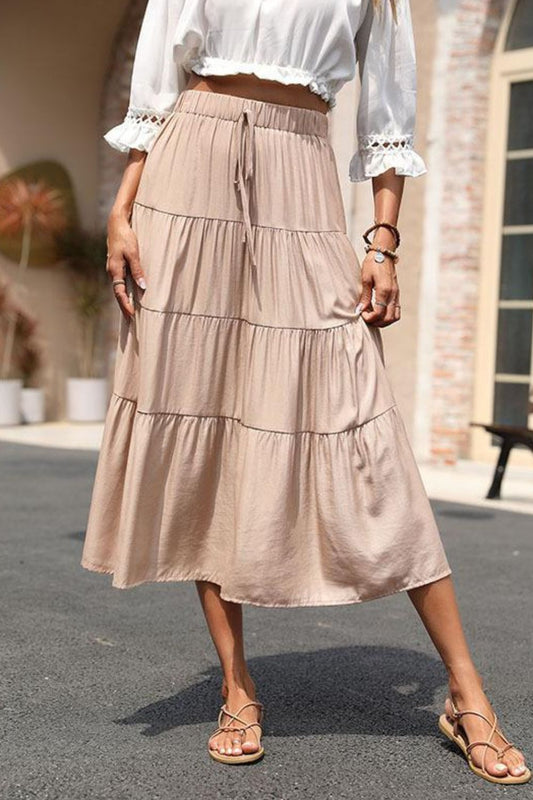 Elastic Waist Tiered Midi Skirt  Skirts- Doll Fits