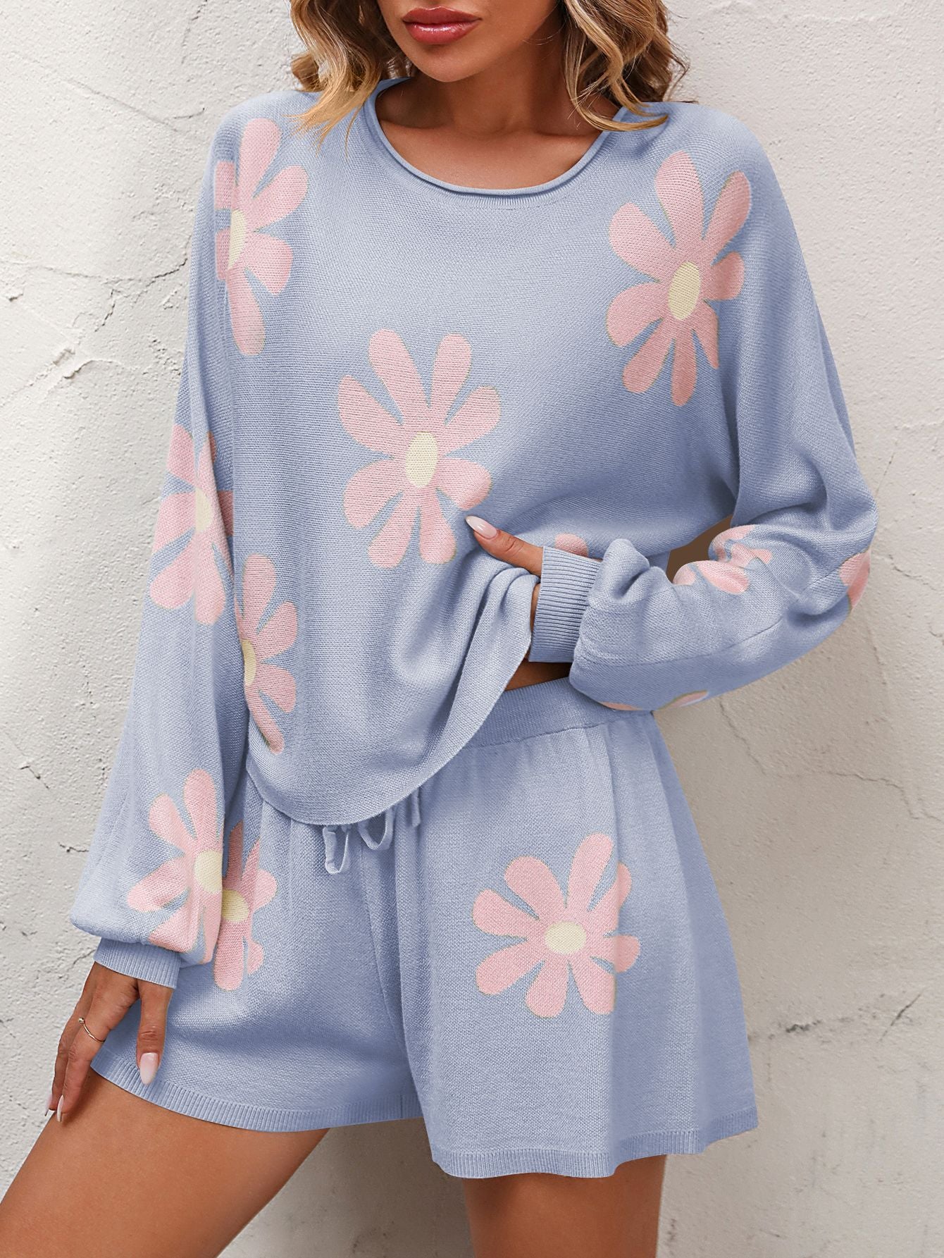 Floral Print Raglan Sleeve Knit Top and Tie Front Sweater Shorts Set  Outfit Sets- Doll Fits