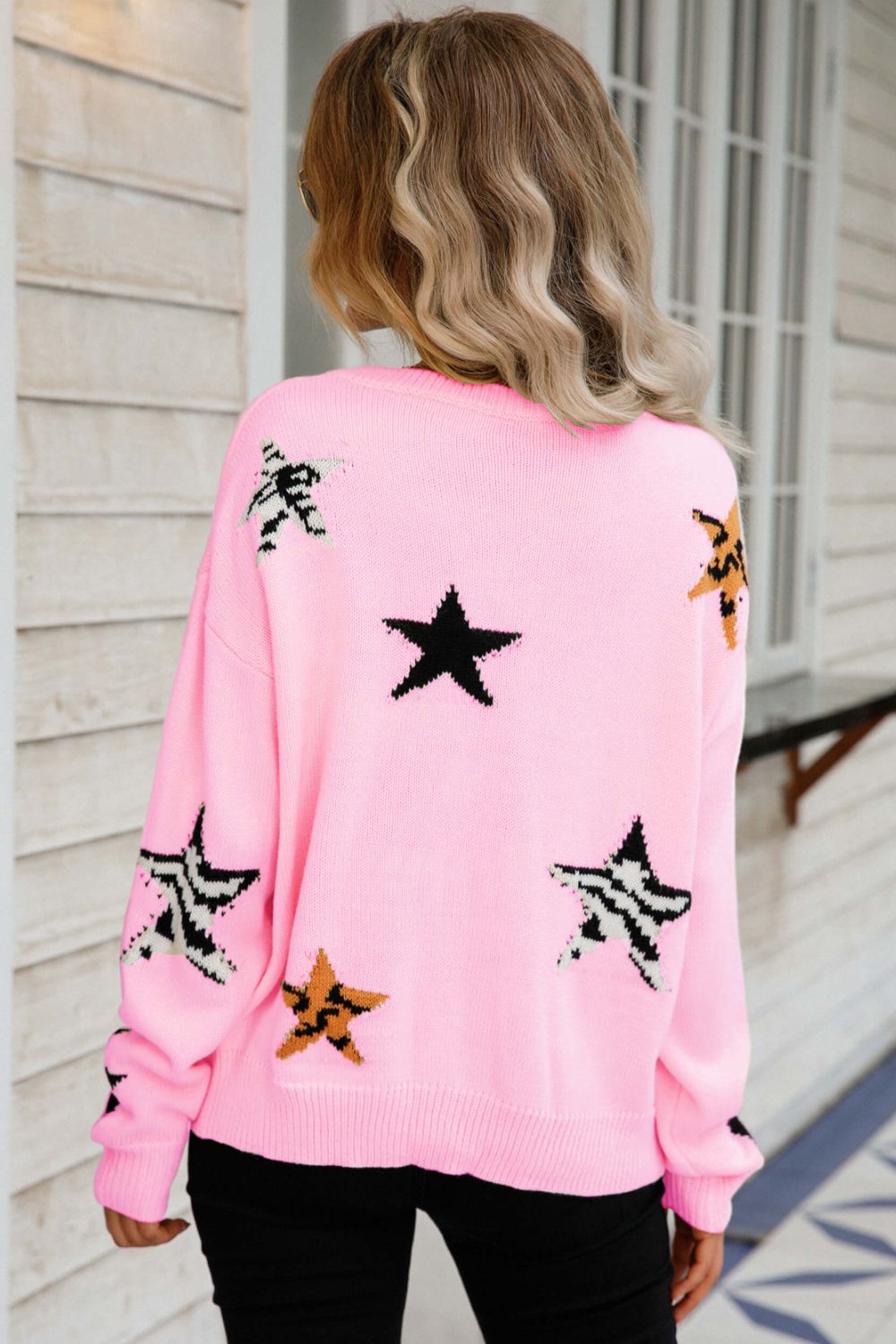 Star Pattern Round Neck Dropped Shoulder Sweater  Shirts & Tops- Doll Fits