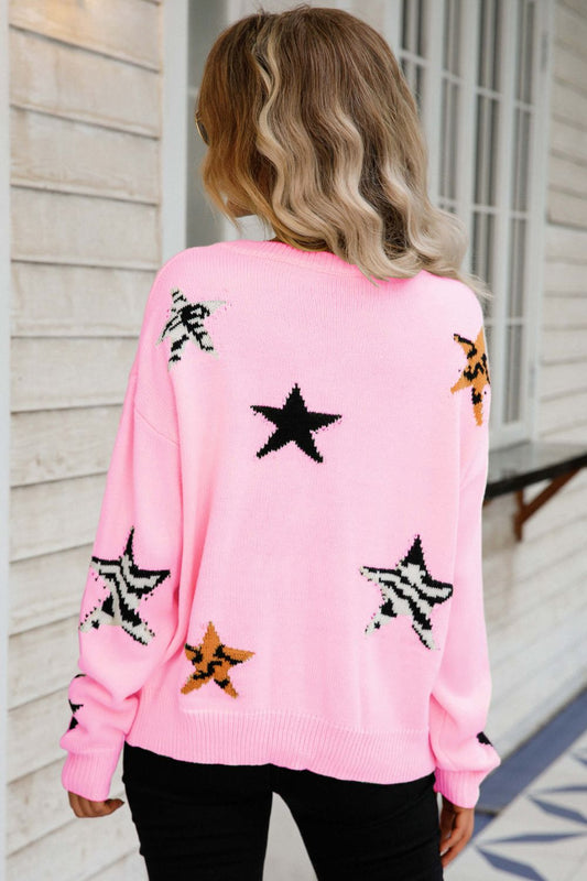 Star Pattern Round Neck Dropped Shoulder Sweater  Shirts & Tops- Doll Fits