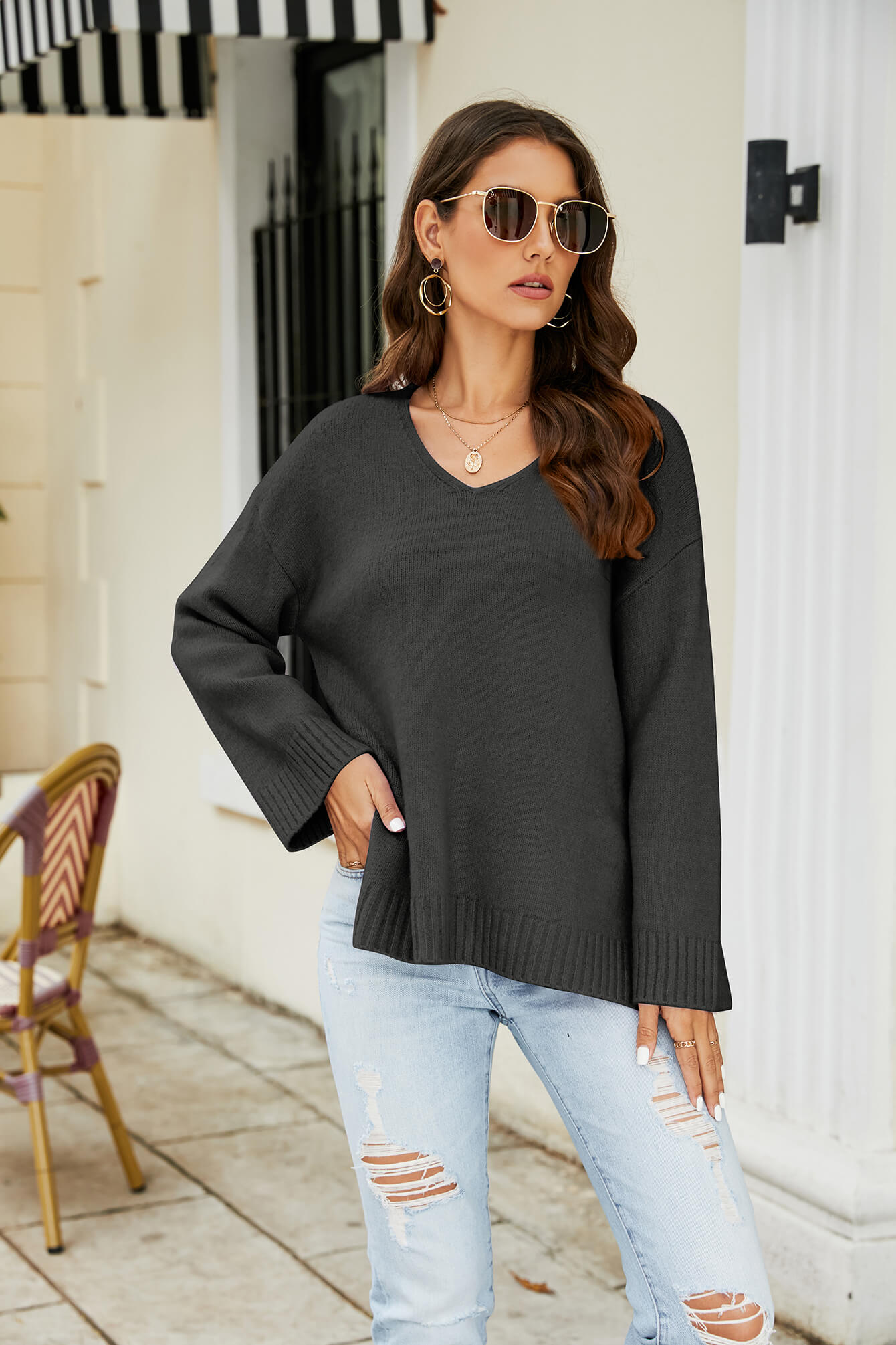 Drop Shoulder V-Neck Knit Pullover  Shirts & Tops- Doll Fits