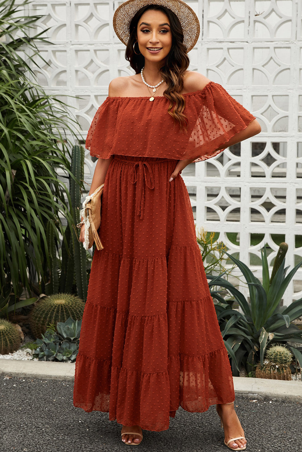 Swiss Dot Off-Shoulder Tiered Maxi Dress  Dresses- Doll Fits