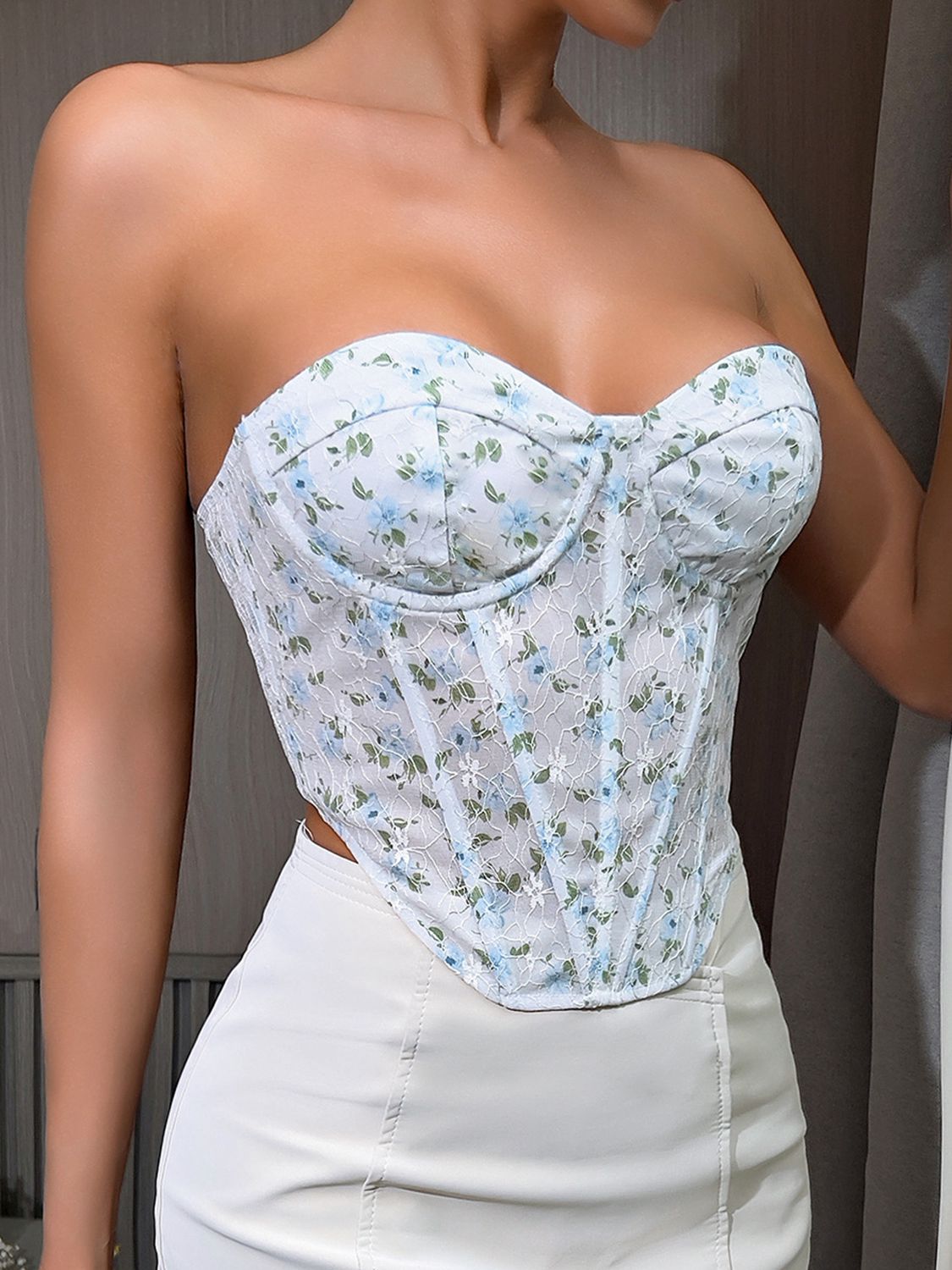 Floral Lace-Up Strapless Bustier  - Doll Fits