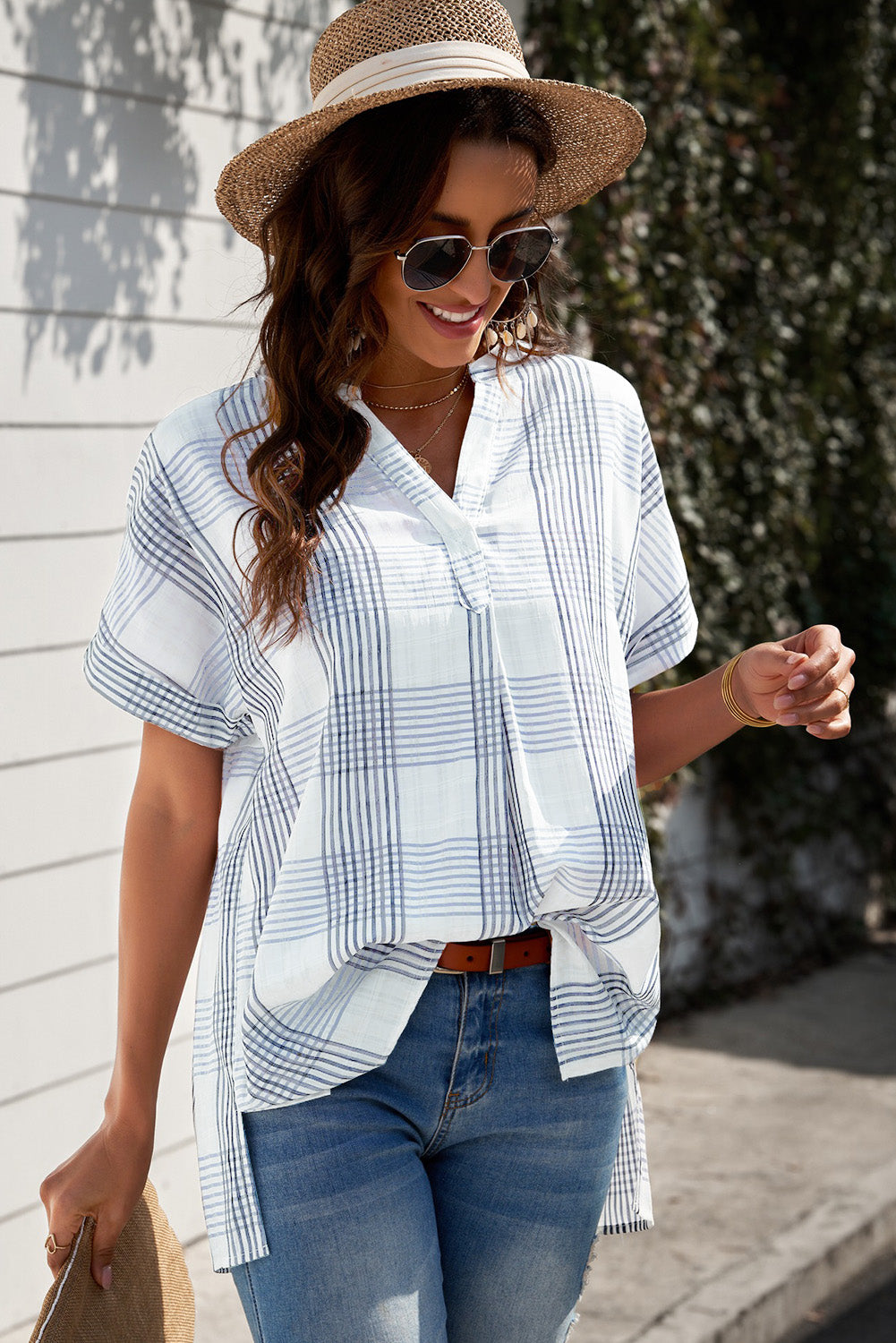 Notched Side Slit Cuffed Blouse  Shirts & Tops- Doll Fits