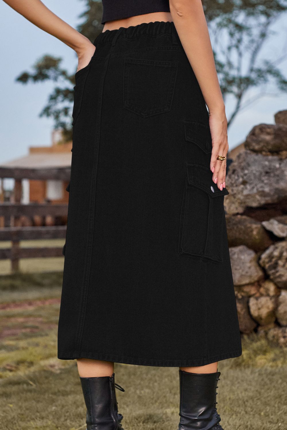 Slit Front Midi Denim Skirt with Pockets  Skirts- Doll Fits