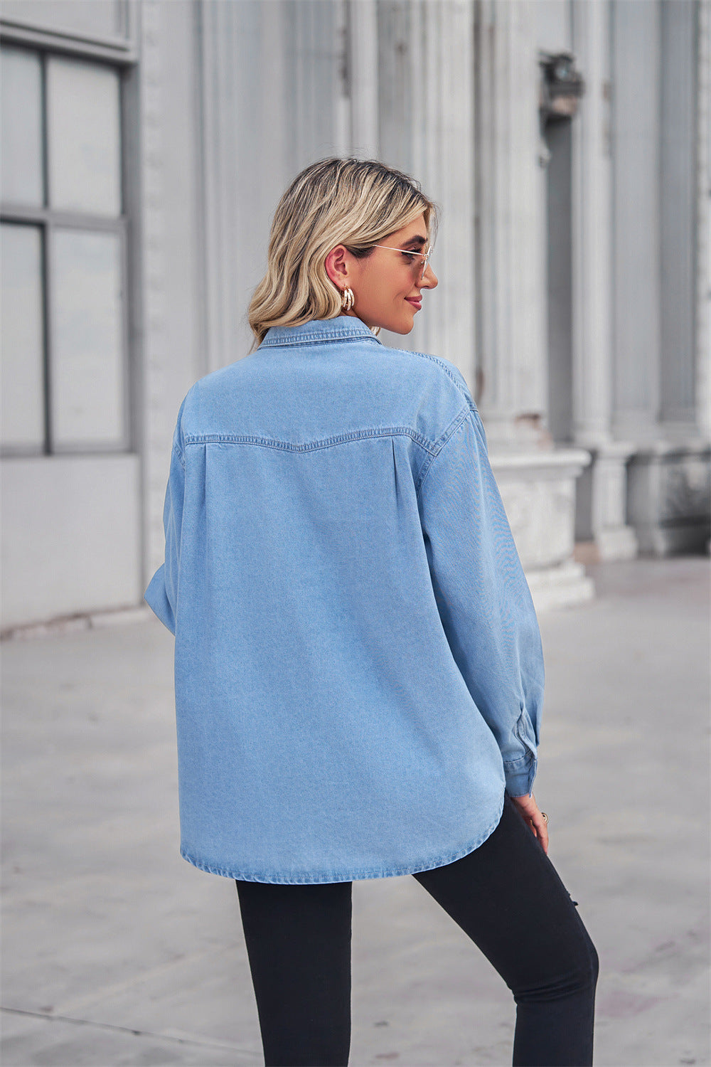 Collared Neck Dropped Shoulder Denim Top  Shirts & Tops- Doll Fits