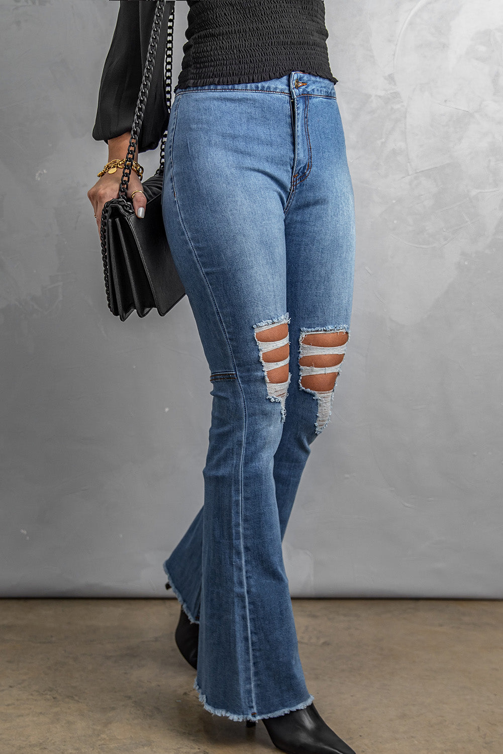 Distressed Raw Hem High-Waist Flare Jeans  Pants- Doll Fits