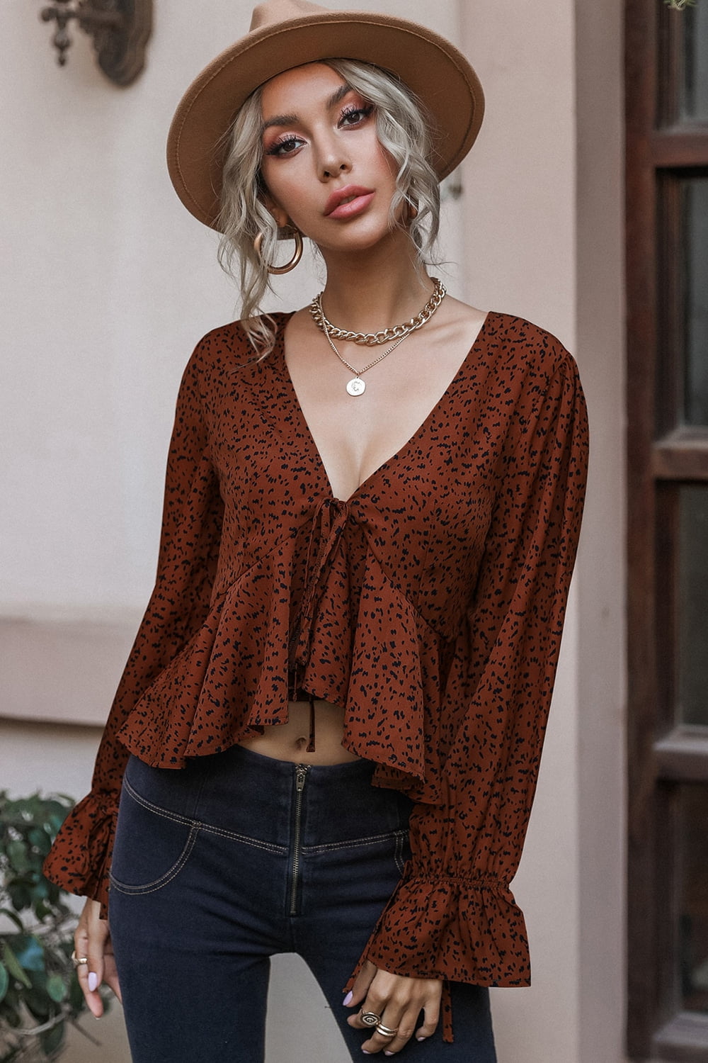 Cropped V-Neck Long Sleeve Blouse  - Doll Fits
