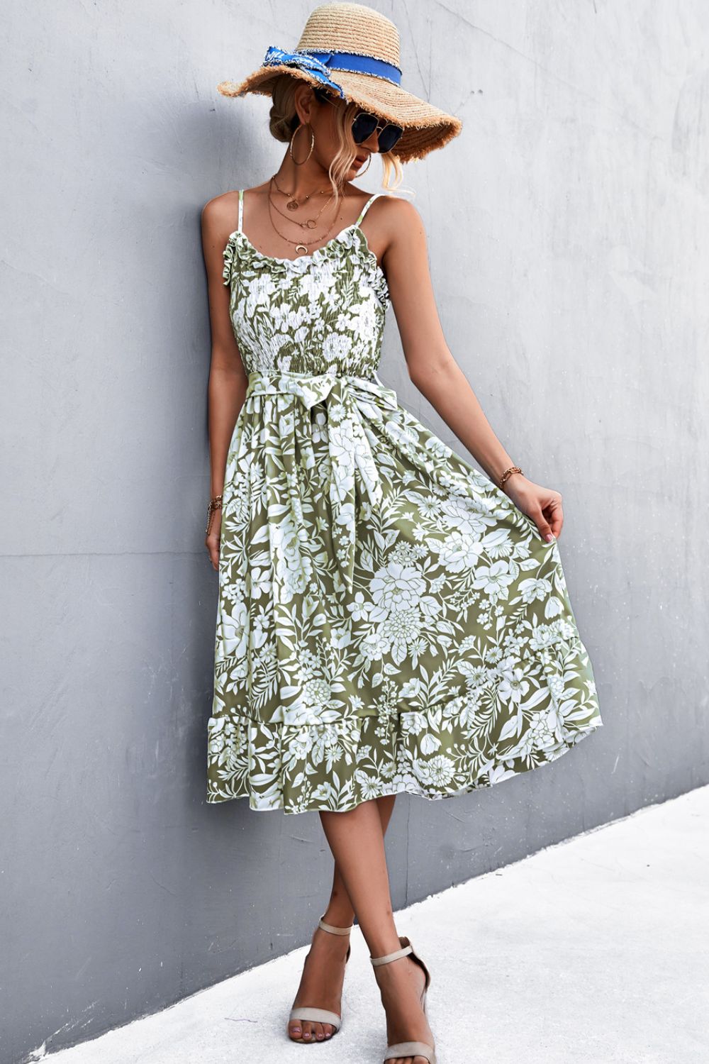 Floral Frill Trim Scoop Neck Spaghetti Strap Dress  Dresses- Doll Fits