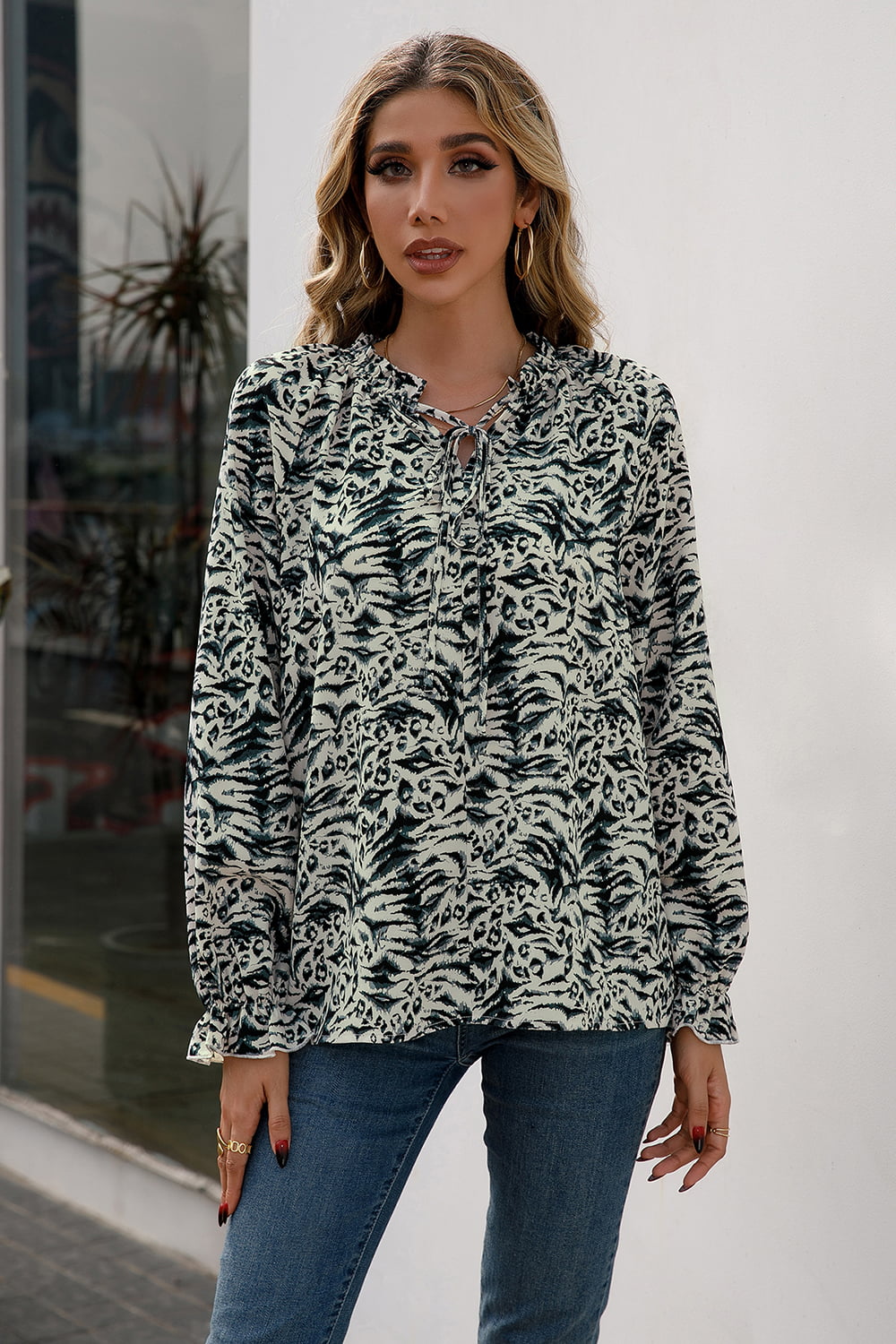 Printed Tie Neck Frill Trim Flounce Sleeve Blouse  Shirts & Tops- Doll Fits