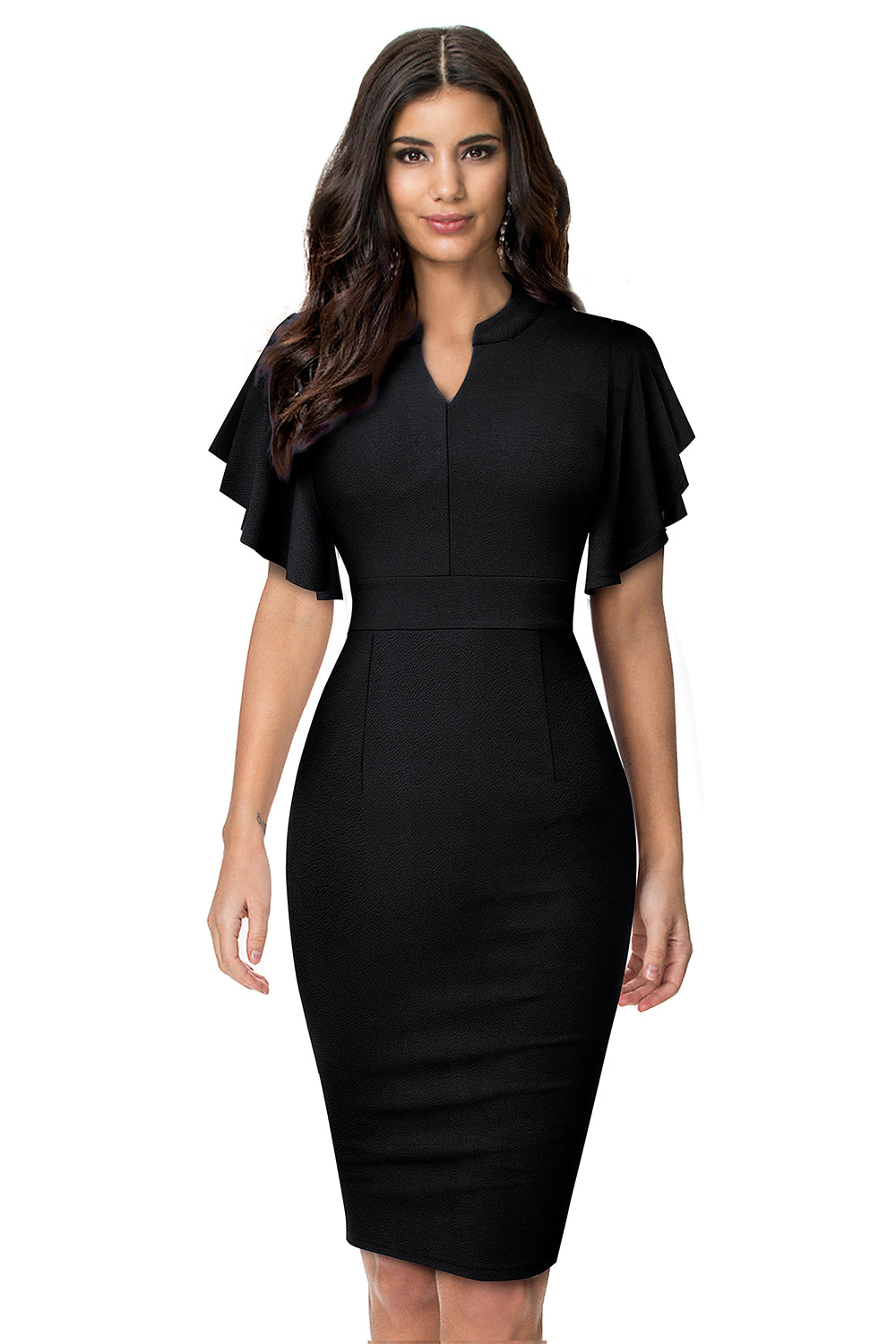 Notched Neck Flutter Sleeve Pencil Dress  Dresses- Doll Fits