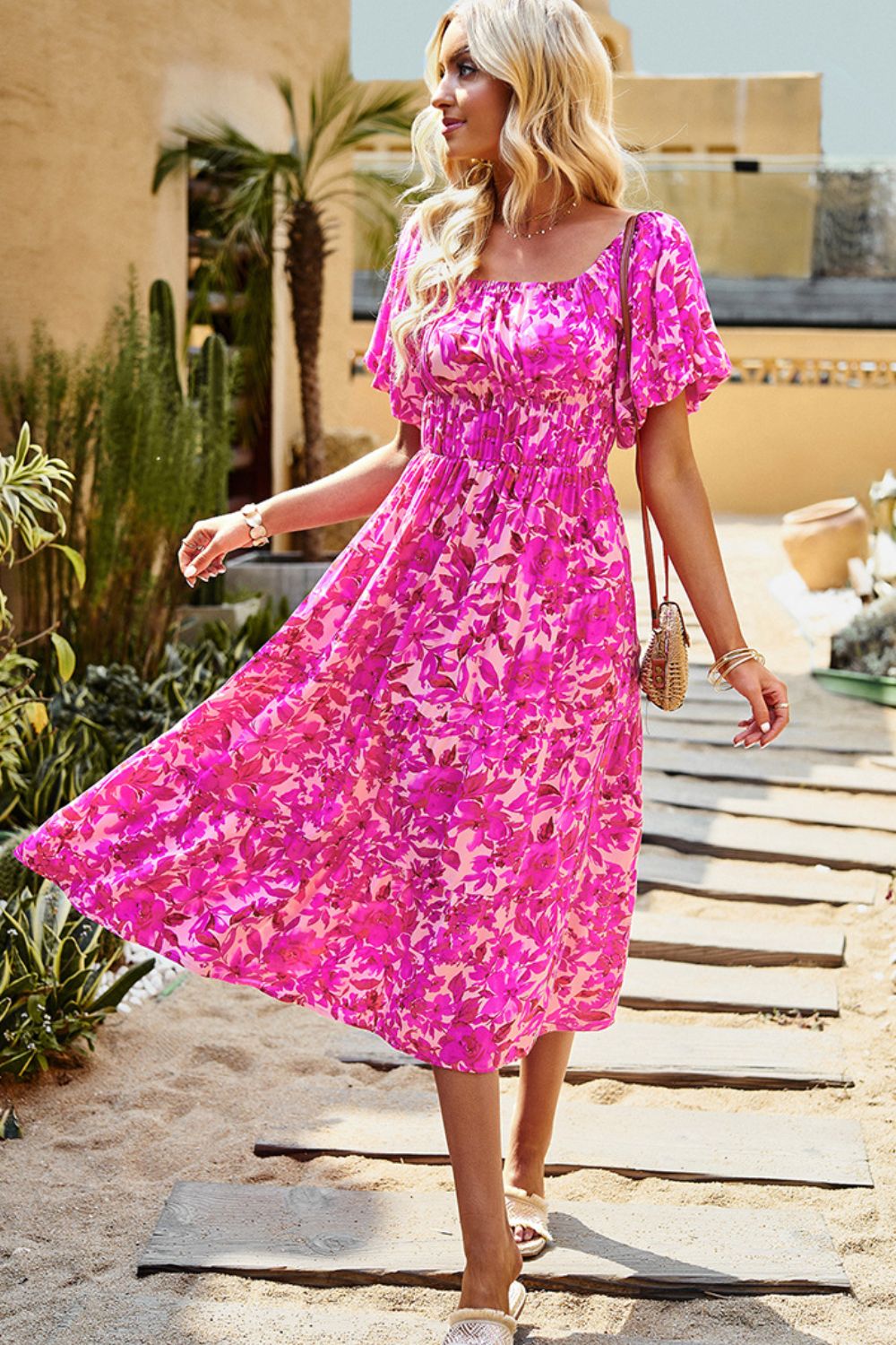 Floral Square Neck Tiered Midi Dress  Dresses- Doll Fits