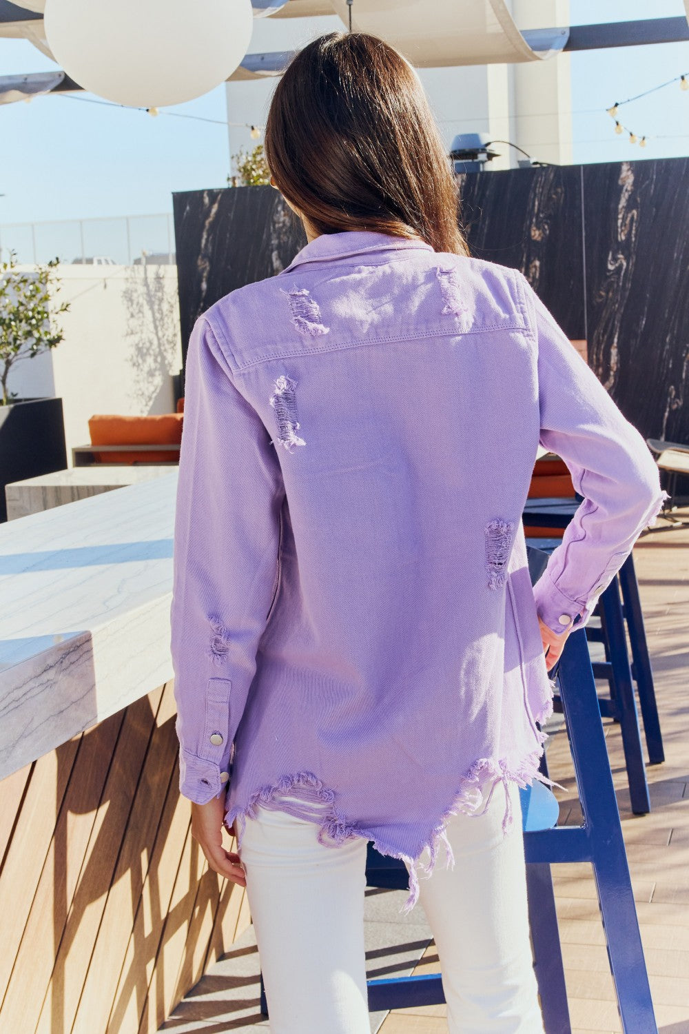 American Bazi Full Size Distressed Button Down Denim Jacket in Lavender  Coats & Jackets- Doll Fits