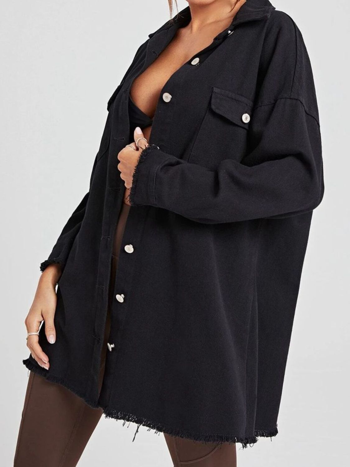 Collared Neck Button-Up Dropped Shoulder Denim Jacket  - Doll Fits