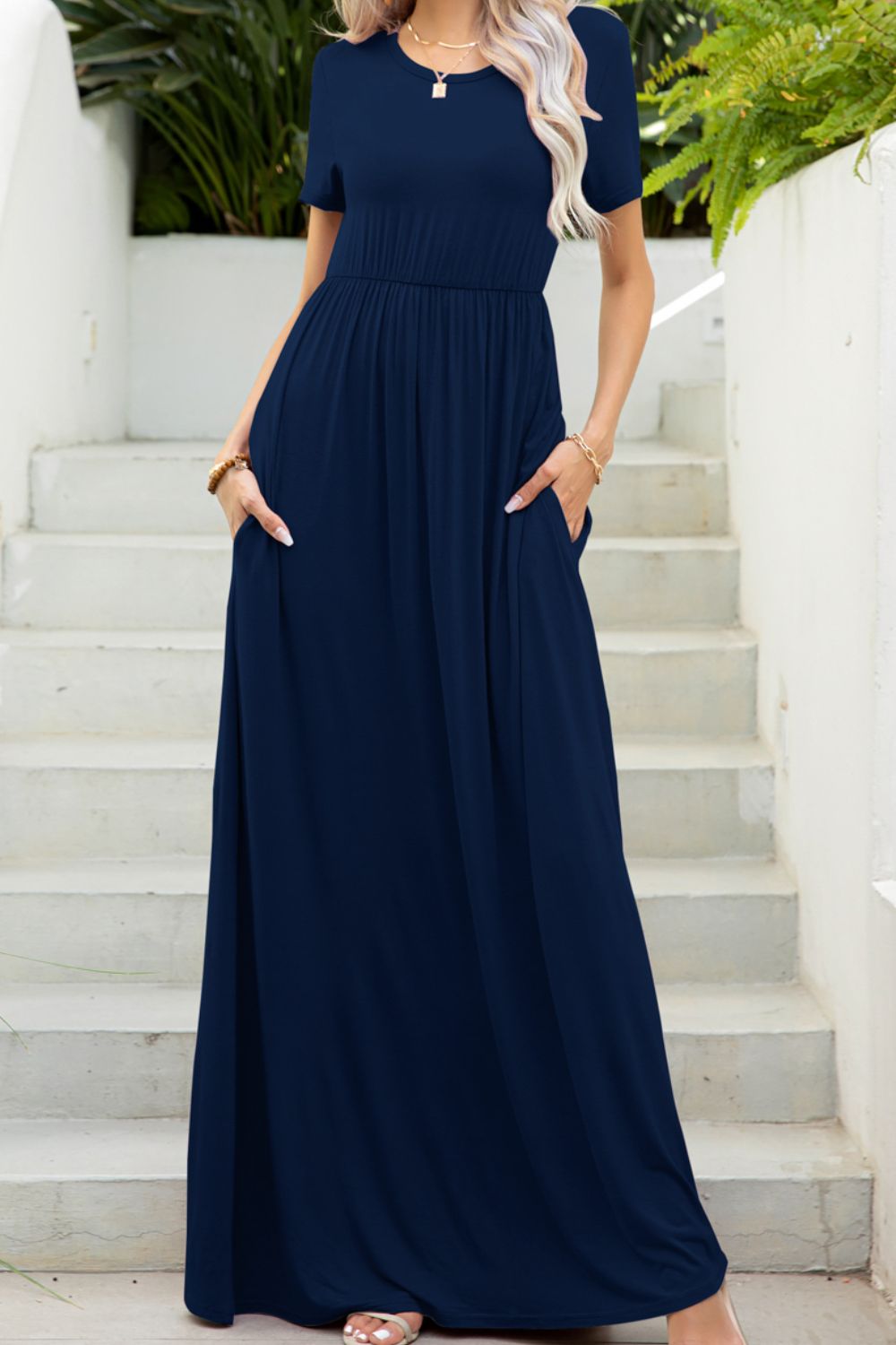 Round Neck Maxi Tee Dress with Pockets  Dresses- Doll Fits