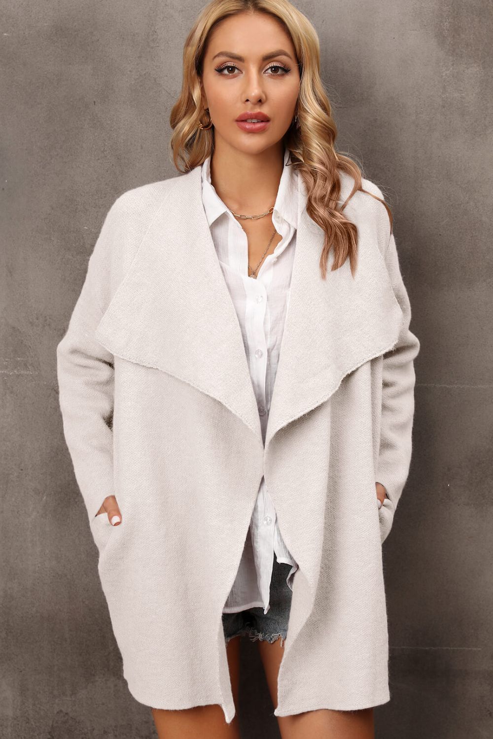 Waterfall Collar Longline Cardigan with Side Pockets  Coats & Jackets- Doll Fits