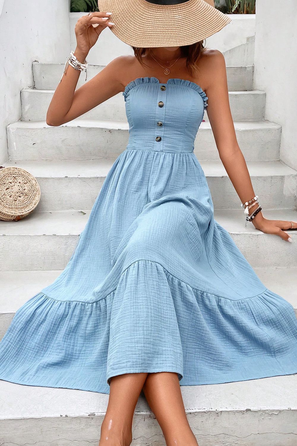 Sweetheart Neck Buttoned Sleeveless Midi Dress  Dresses- Doll Fits