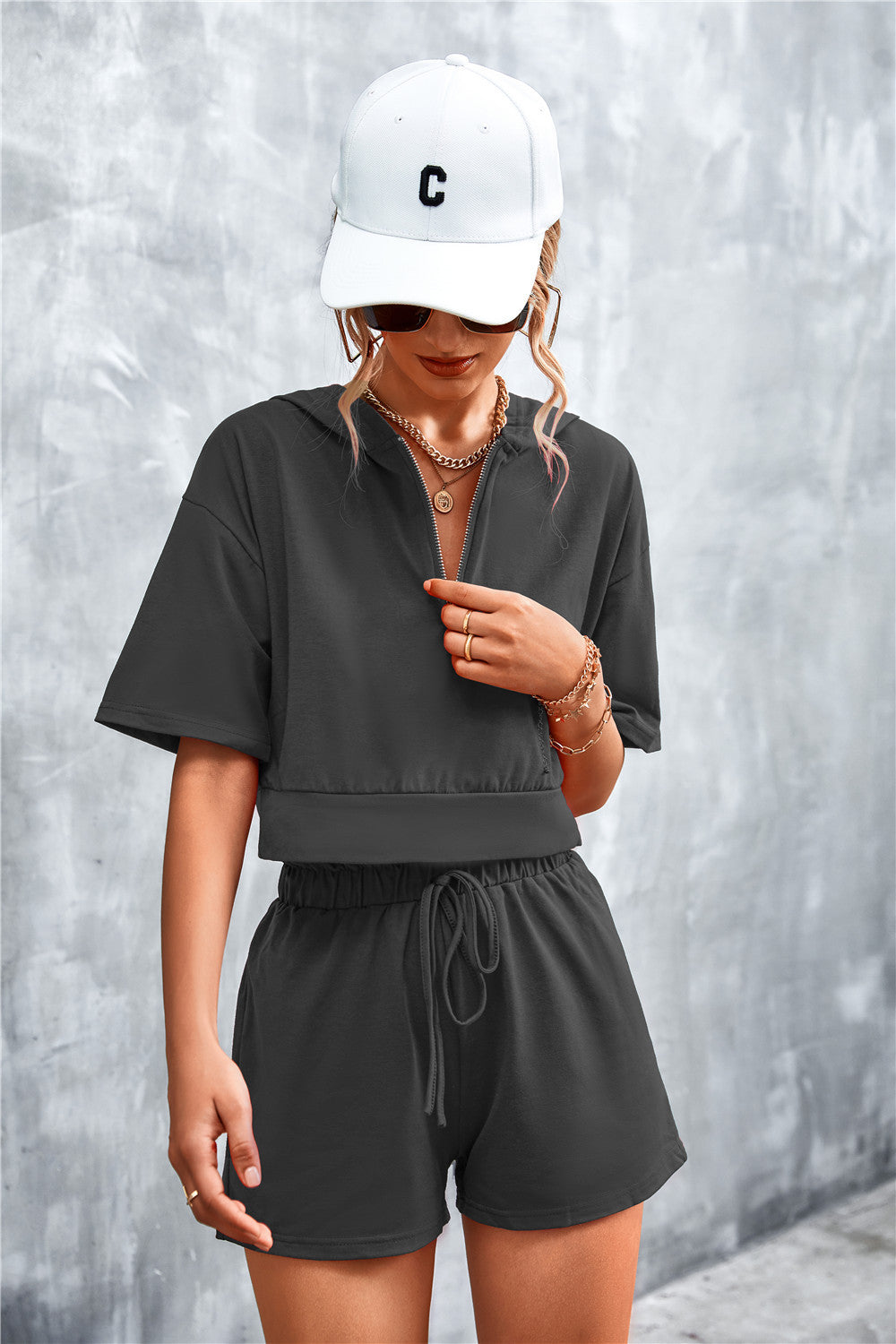Half Zip Cropped Hooded T-Shirt and Shorts Set  Outfit Sets- Doll Fits