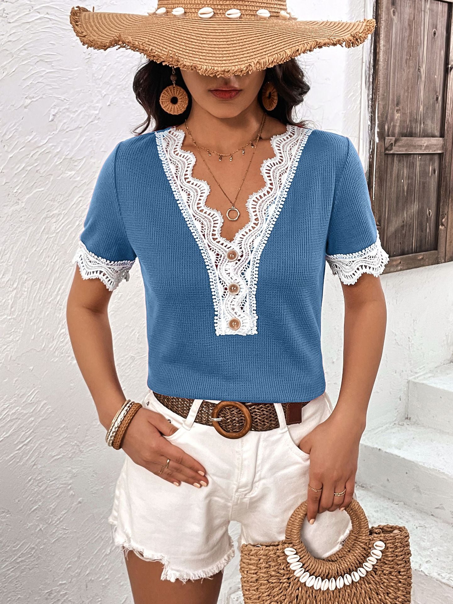Decorative Button Spliced Lace Short Sleeve Top  Shirts & Tops- Doll Fits