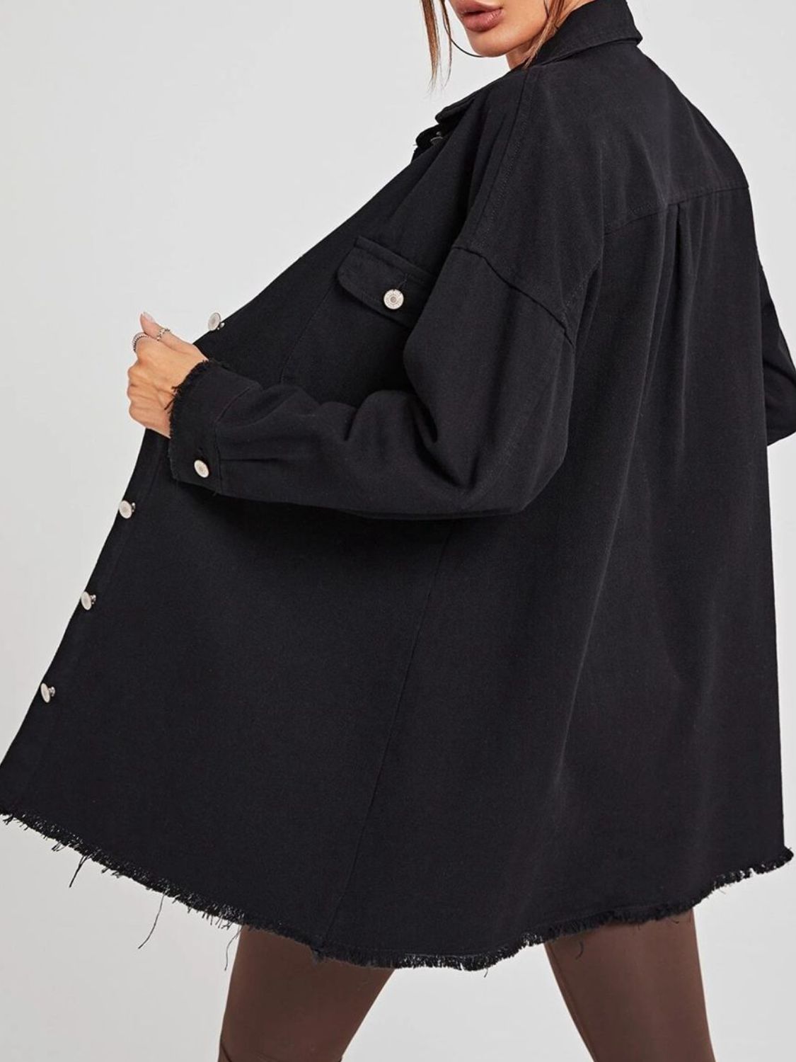 Collared Neck Button-Up Dropped Shoulder Denim Jacket  - Doll Fits