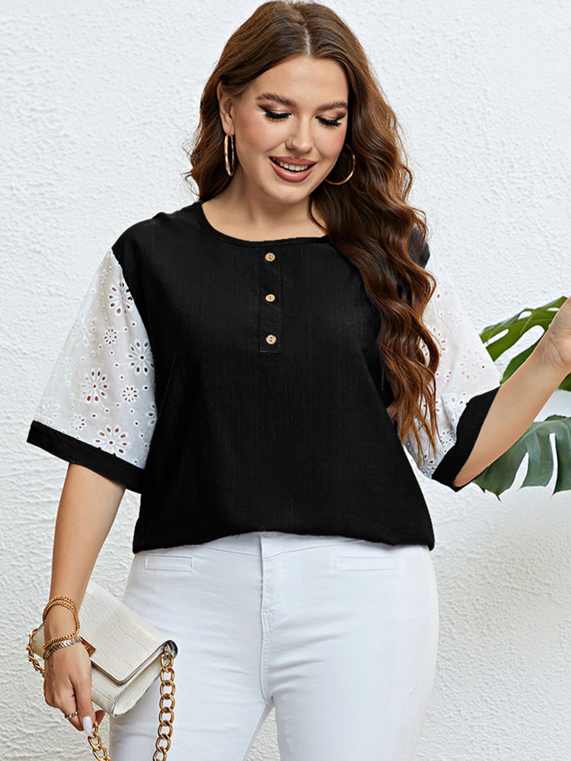 Plus Size Contrast Decorative Button Half Sleeve Top  Shirts & Tops- Doll Fits