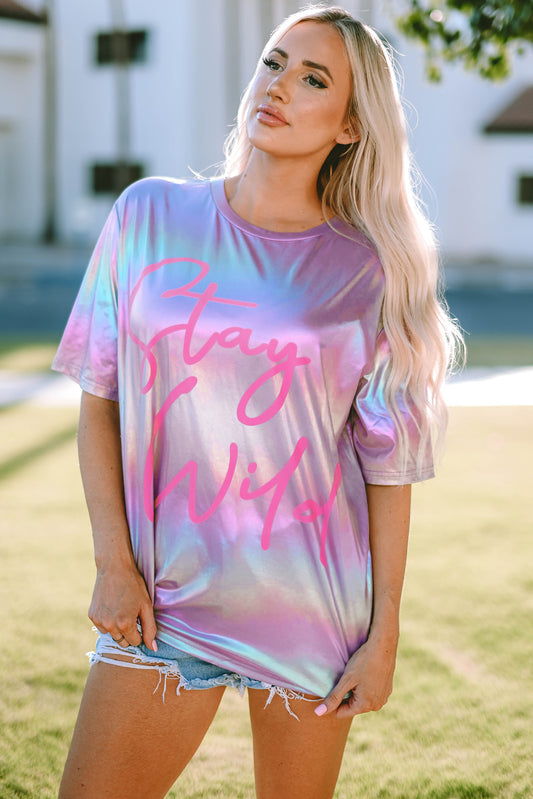STAY WILD Round Neck Short Sleeve Holographic Tee  - Doll Fits