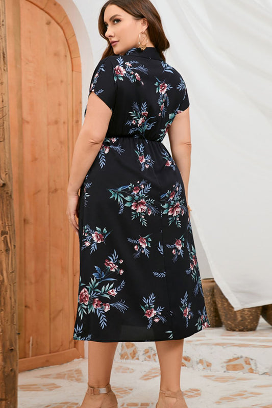 Plus Size Floral Johnny Collar Short Sleeve Dress  Dresses- Doll Fits