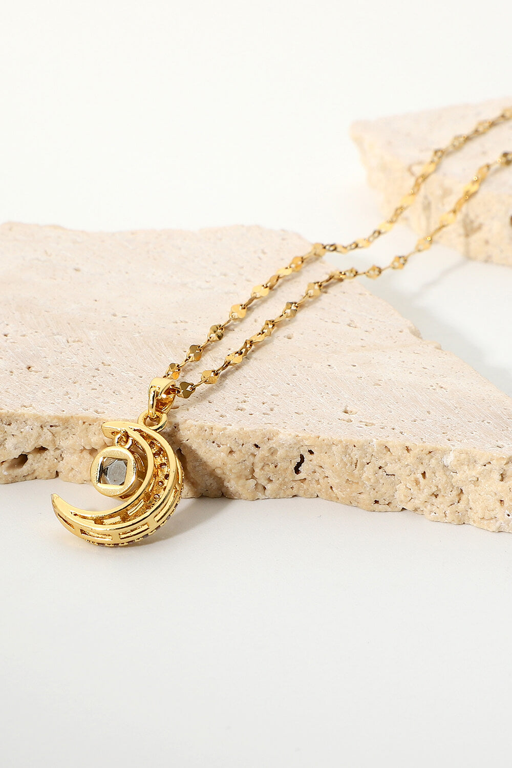 Inlaid Cubic Zirconia Moon Pendant Necklace  Necklaces- Doll Fits