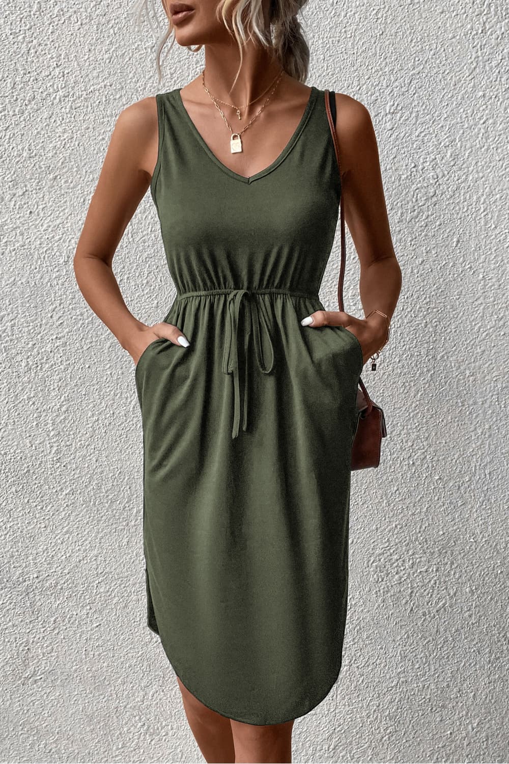 V-Neck Curved Hem Sleeveless Dress  Dresses- Doll Fits