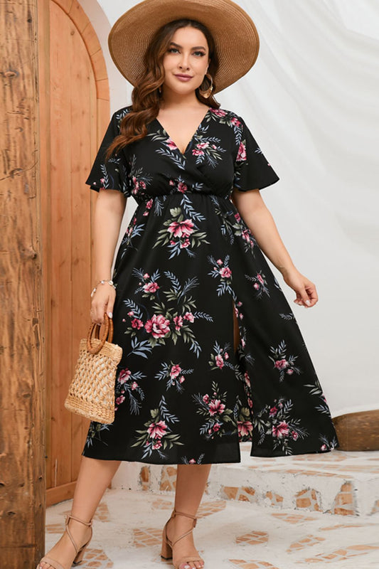 Plus Size Floral Short Sleeve Split Dress  Dresses- Doll Fits