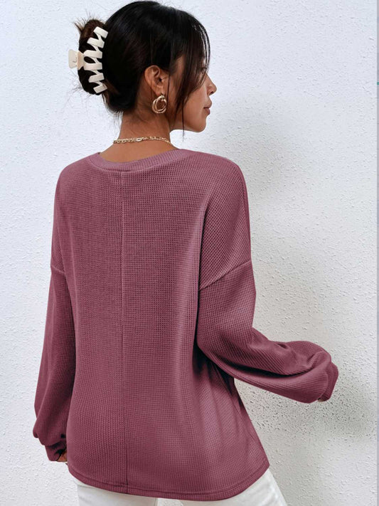 Waffle-Knit V-Neck Top